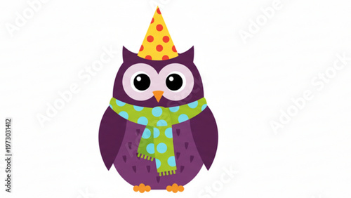 An elegant purple cartoon owl with cute eyes and a sharp beak wearing polka dot birthday hat and shawl 