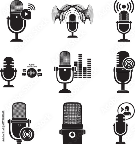 Set of black and white microphone for podcasting, radio broadcasting, and digital audio recording msea set