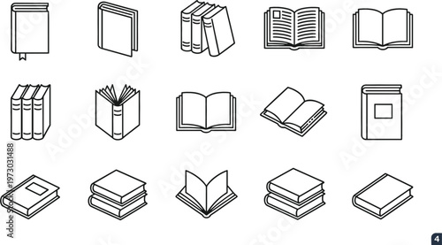  Book Line Art Icon Set Featuring Open Textbooks Stacked Volumes and Closed Journal Outlines for Education Library and Publishing Design Projects.eps