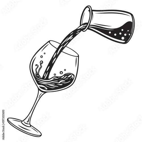 Wine glass, pouring wine, black and white illustration, drink, alcohol, vector