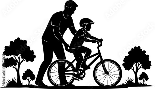 A heartwarming silhouette of a father teaching his son to ride a bicycle in a park with trees, representing childhood milestones and family bonds.