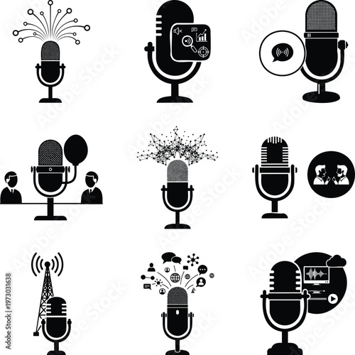 Set of black featuring microphones, podcast equipment, audio recording and communication tools msea set