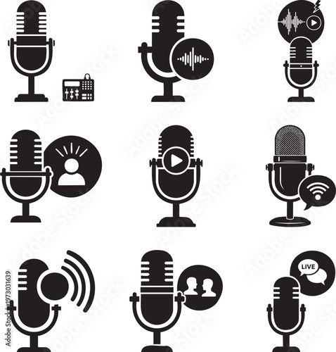 Set of black featuring microphones, audio recording equipment, and podcast communication symbols msea set