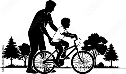 A heartwarming silhouette of a father teaching his son to ride a bicycle in a park with trees, representing childhood milestones and family bonds.