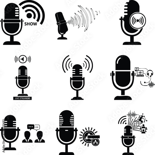 Set of black featuring microphones, podcast symbols, sound waves, and live streaming msea set