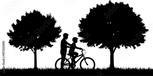 A heartwarming silhouette of a father teaching his son to ride a bicycle in a park with trees, representing childhood milestones and family bonds.