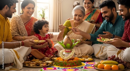 Indian family celebrating traditional festival together.