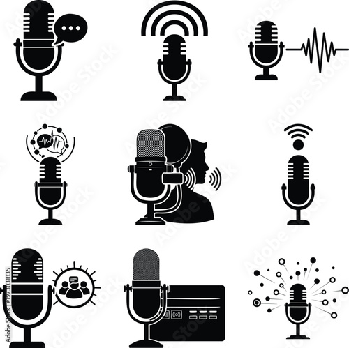 Set of black featuring microphones, sound waves, speech bubbles, and podcasting equipment msea set