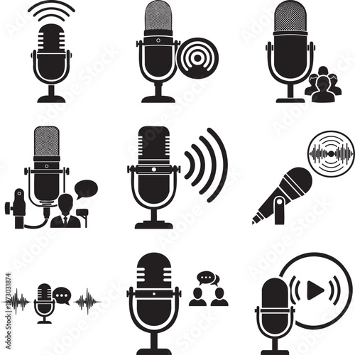 Set of black featuring microphones, sound waves, speech bubbles, and podcast recording symbols msea set