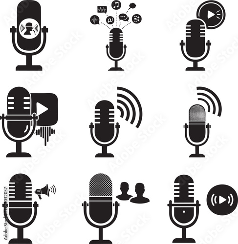 Set of black microphone with podcast, audio recording, and social media symbols on white background, msea set