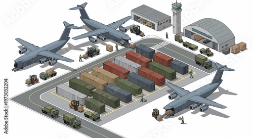 Isometric 3D vector illustration depicting a military base strategy map, showcasing airplanes and various containers organized on the grounds, set against a clean white background