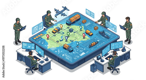 Isometric 3D military base illustration featuring soldiers planning strategy around a map table with vehicles and planes, set in a war room with computers and screens in a detailed