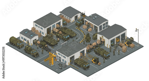 Isometric 3D illustration showcases a detailed military compound, complete with barracks and equipment, rendered in a strategic planning map style, set against a neutral background