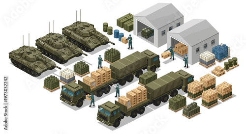 Isometric 3D military base illustration showcasing a strategic army compound with tanks and supply trucks, depicted in a detailed vector design for planning and logistics on a white surface