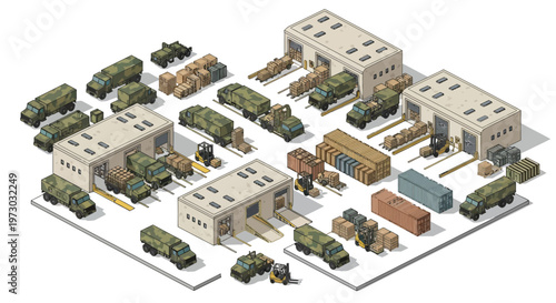Isometric 3D illustration showing a detailed military base with multiple army trucks, supply containers, and barracks buildings arranged on a white surface, rendered in a clean, vector