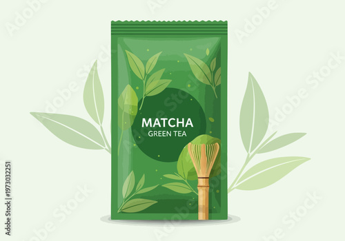 Illustration of a jar of matcha powder with a wooden scoop, perfect for health and wellness beverage content