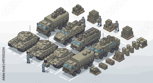 Isometric 3D military illustration shows a layout of an army base, complete with various vehicles, supply crates, and personnel in a strategic arrangement, presented in a neutral palette