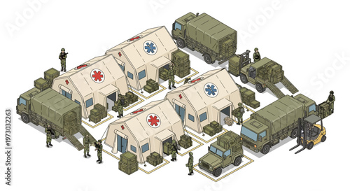 Isometric 3D illustration shows a military compound featuring tents marked with red crosses, surrounded by olive drab trucks and personnel, set against a clean white background to depict