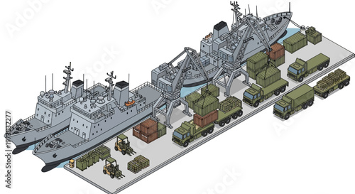 Isometric 3D illustration showing a military base with warships and army trucks arranged on a concrete platform, rendered in a clean vector style against a white background, useful