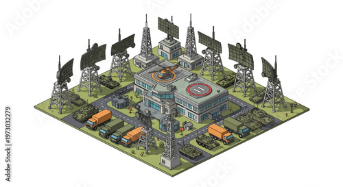 Isometric 3D rendition of a military headquarters, complete with radar arrays, transport vehicles, and a central building featuring a helipad, all presented on a strategic planning map