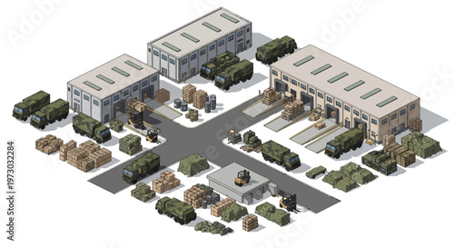 Isometric 3D illustration of a military base with buildings, vehicles, and trees, showcasing a strategic army camp design and planning layout.
