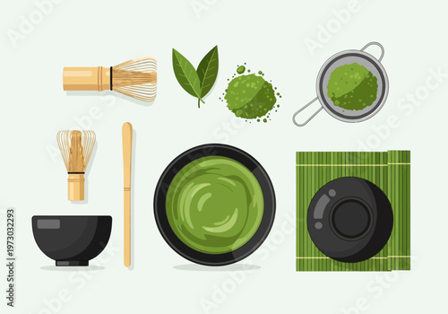 Illustration of a jar of matcha powder with a wooden scoop, perfect for health and wellness beverage content