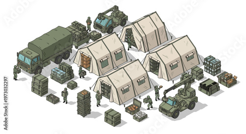 Isometric illustration of a military base with tents, vehicles, and personnel, showcasing a strategic army camp setup with planning and strategy elements.