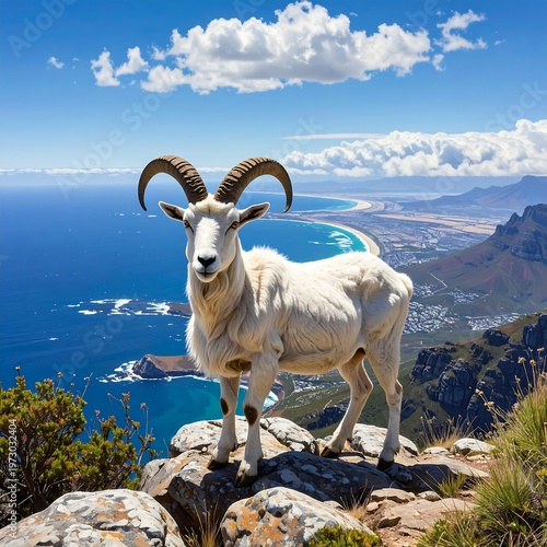 A white goat stands on a rocky cliff overlooking a vast ocean
