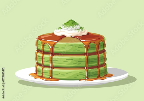 Matcha Pancakes Stack with Cream and Caramel Drizzle Illustration.