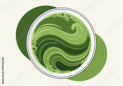 Top-Down View of Matcha Tea with Swirling Pattern in a White Bowl.