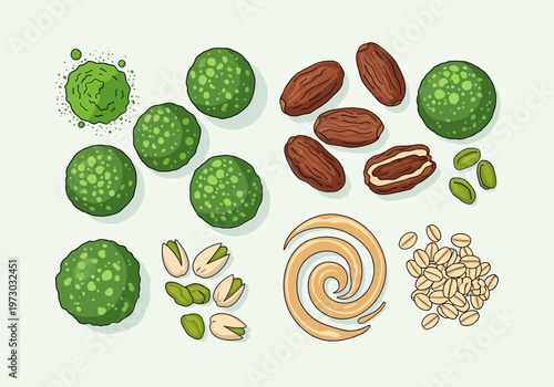 Hand-drawn energy balls with pistachios dates oats and coconut flakes.