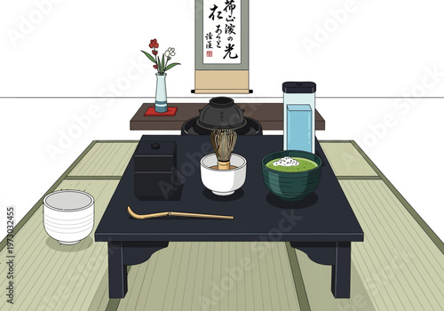 Traditional Japanese Tea Ceremony Setup with Matcha and Utensils.
