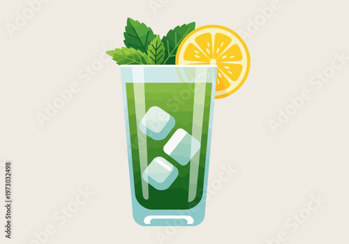 Refreshing Green Drink with Ice Mint and Lemon Slice.