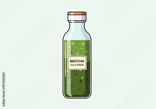 Matcha Cold Brew Bottle Illustration: Refreshing Green Tea Beverage.
