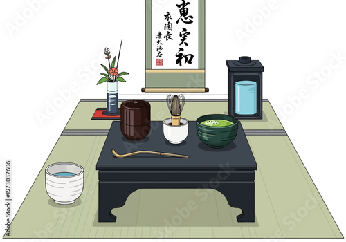 Traditional Japanese Tea Ceremony Still Life with Matcha and Calligraphy.