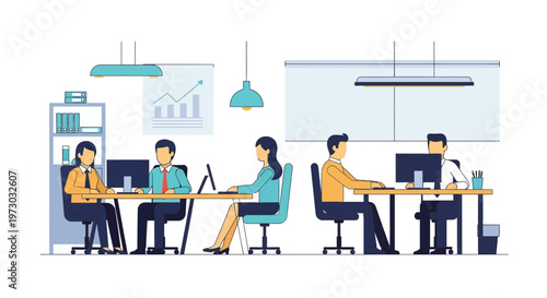 Office team working together at desks collaborative workspace environment business productivity and teamwork concept modern corporate office illustration for workflow and staff coordination