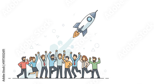 Startup team launching rocket together business growth and innovation concept teamwork motivation for success entrepreneurship journey and company development illustration