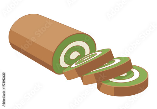 Isometric Matcha Swiss Roll Cake with Cream Filling.