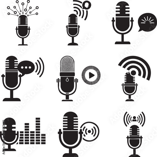 Set of nine black microphone featuring podcast, broadcasting, and audio recording symbols msea set
