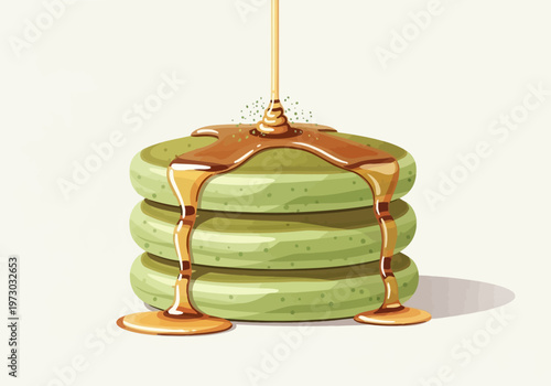 Stack of Green Pancakes Drizzled with Syrup Illustration.