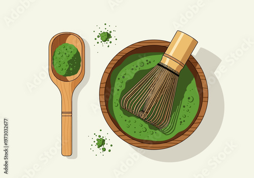 Matcha Tea Preparation: Whisk Bowl and Spoon with Green Tea Powder.