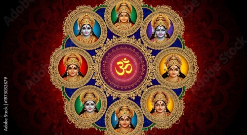 Hindu deities in a circular mandala pattern.