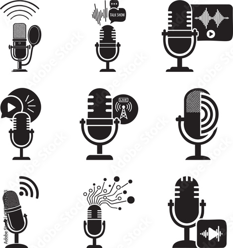 Set of nine black microphone featuring sound waves, live broadcast symbols, and digital network nodes msea set