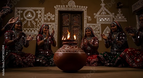 Women performing traditional Indian ritual with fire.