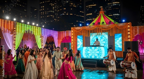 Vibrant Indian wedding celebration at night.