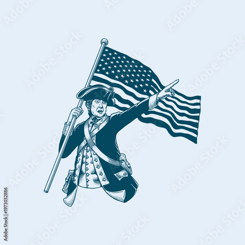 High-quality vector illustration of an American Revolutionary Soldier with vintage engraved style. Perfect for visual campaign, t-shirt or merchandise, logos, tattoo and US independence themed graphic