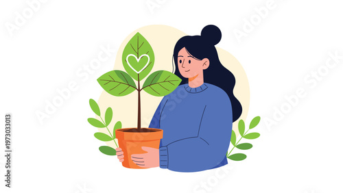 Smiling young woman gently holding a potted plant with heart-shaped leaves, symbolizing love for nature and environmental care.
