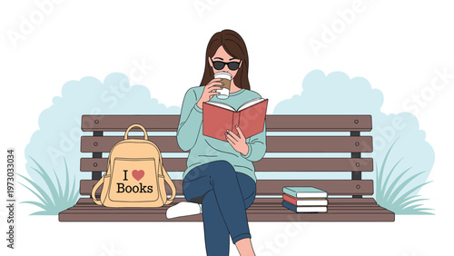 Young woman wearing sunglasses, reading a book and drinking coffee on a park bench, enjoying a relaxing outdoor moment.
