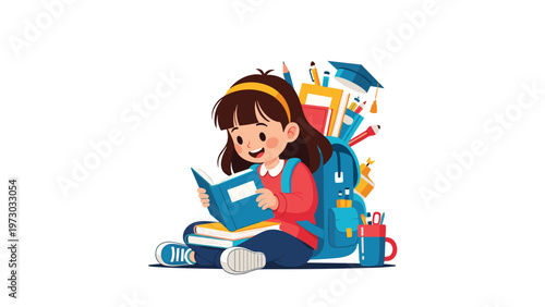 Cute little girl happily reading a book, surrounded by a backpack filled with school supplies, symbolizing learning and education.