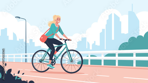 Happy young woman with blonde hair riding a bicycle on a city bridge, enjoying an active lifestyle with a vibrant cityscape background.